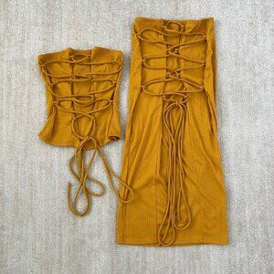 Fashion Nova Lace Up Rib Knit Two Piece Matching Midi Skirt Set M Mustard Yellow